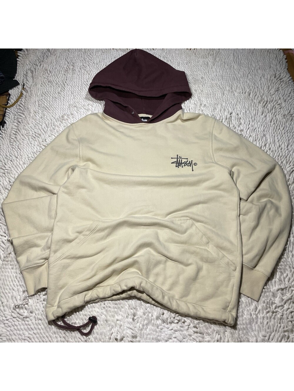Y2K Spellout Stussy Two Tone Beige/Burgundy Hoodie Sweatshirt Size S (Fits M)